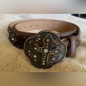Justin Boots Tooled Leather Western Cowgirl Belt + Rhinestone Cross Buckle 38